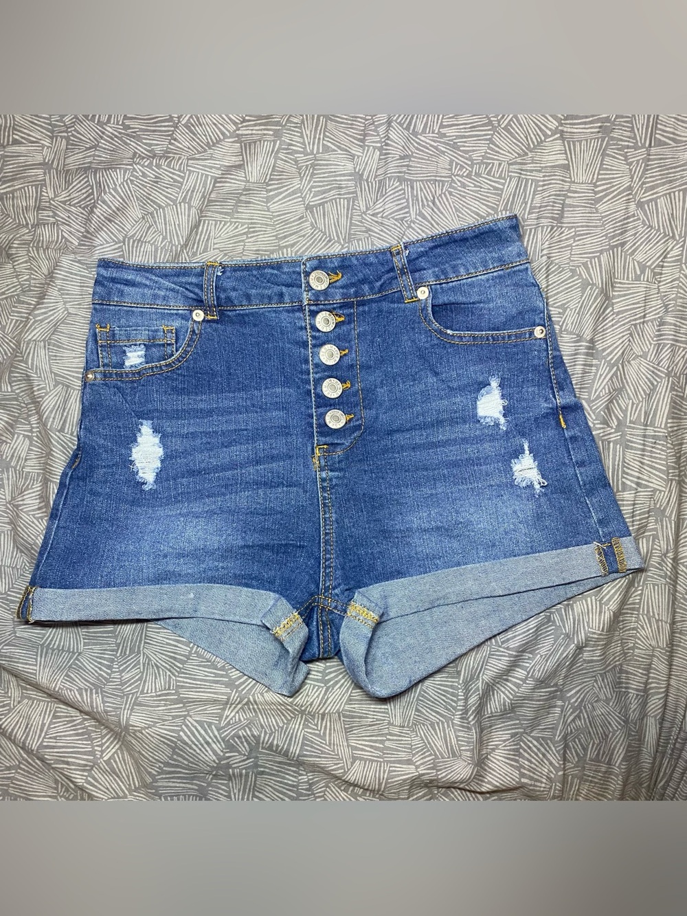 High-Rise Distressed Denim Shorts - Blue
